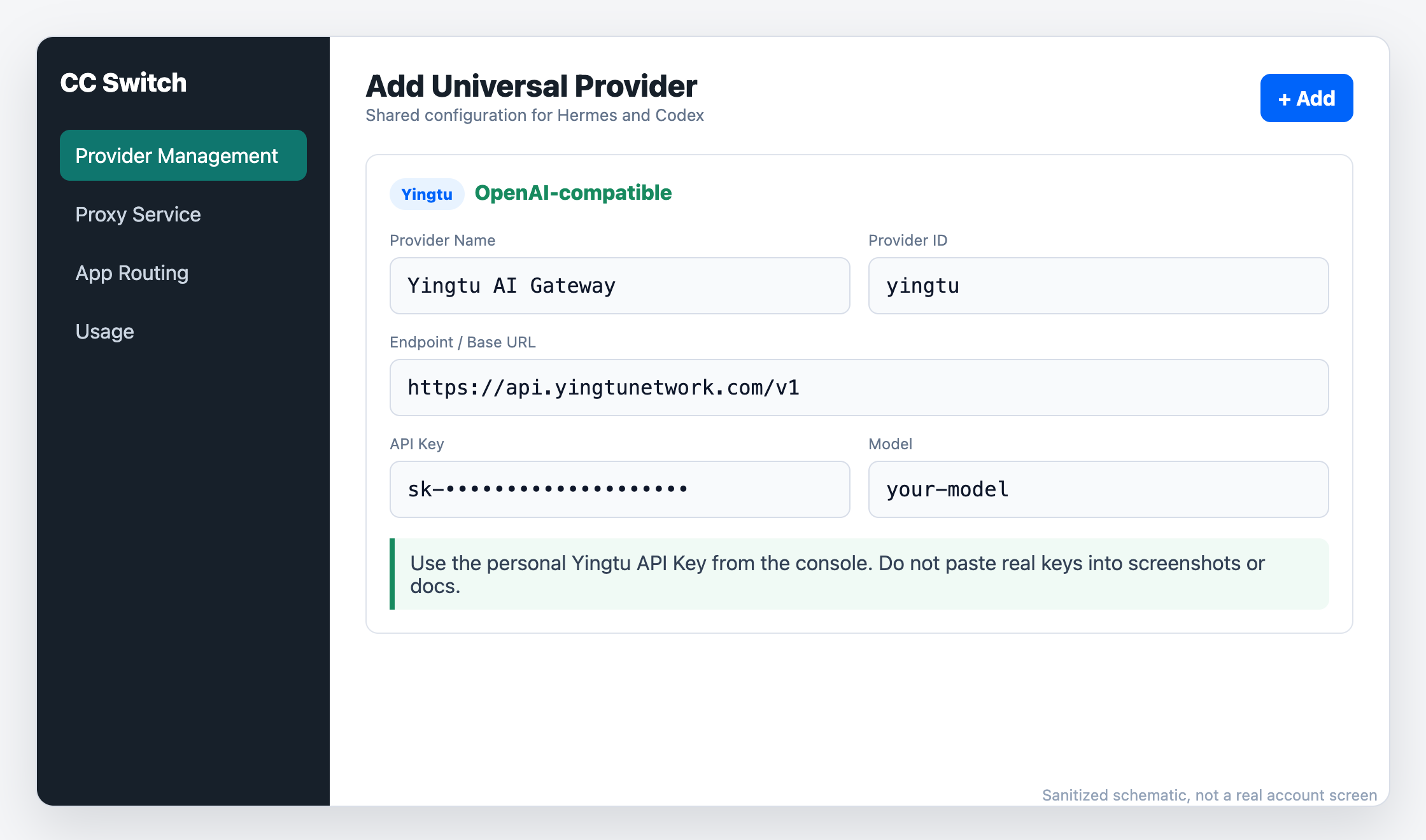 CC Switch 新增 Yingtu Provider 的去敏示意图